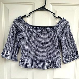 American Eagle Black Gingham Plaid Smocked Off Shoulder Crop Peplum Top Medium